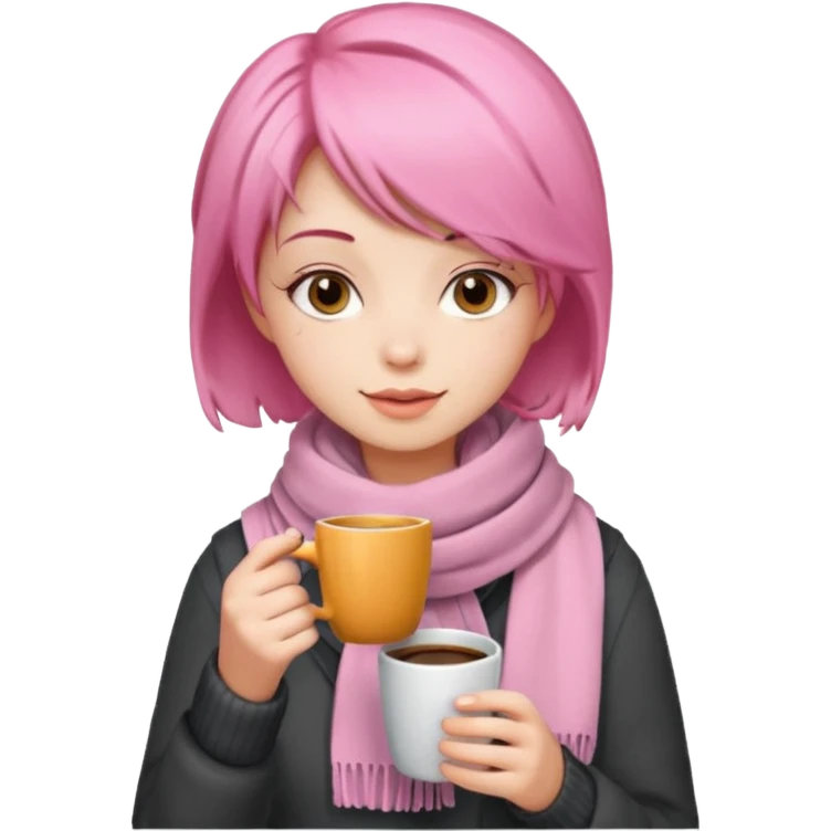 a girl with pink short layer hair, having scarf,  drink coffee, enjoy emoji