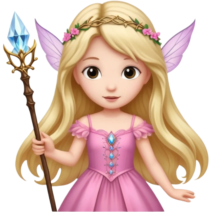 long haired fairy with small eyes, pink dress and a wand emoji