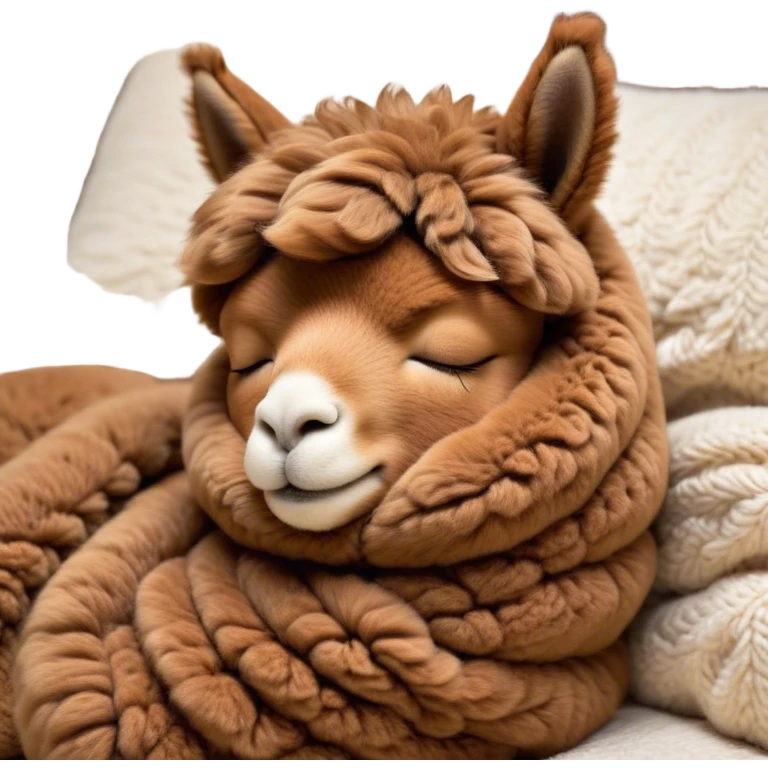 Meme-Worthy Cute Sleeping Brown Alpaca Portrait Emoji, Head resting peacefully with a contented smile, showcasing a delightfully sturdy build and a luxuriously soft brown fleece, eyes shut in a serene nap, Simplified yet hilariously adorable features, highly detailed, glowing with a soft, drowsy light, high shine, relaxed and utterly lovable, stylized with an air of playful laziness, bright and heartwarming, soft glowing outline, capturing the essence of a comically sleepy alpaca, so meme-worthy it feels like it could instantly become the next viral sensation of adorable slumber! emoji