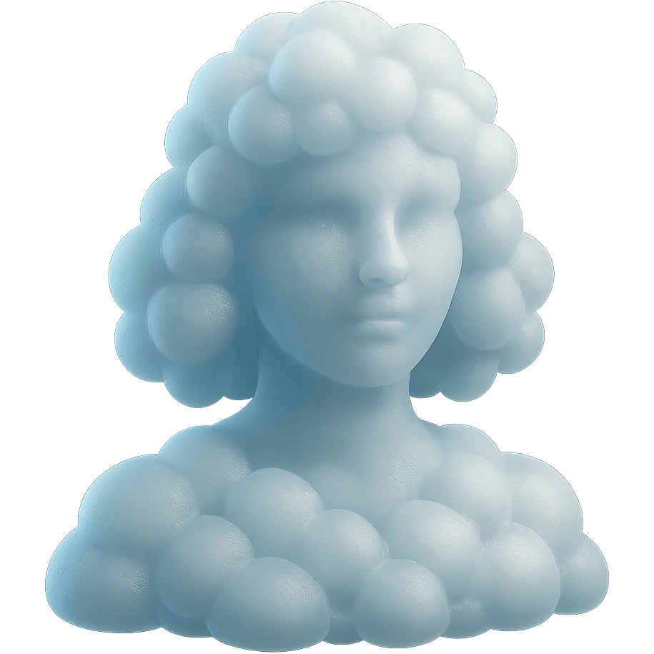 person looking straight, composed entirely of white fluffy convex clouds, shoulder length, matte glass style, no background, clouds with slight transparency emoji
