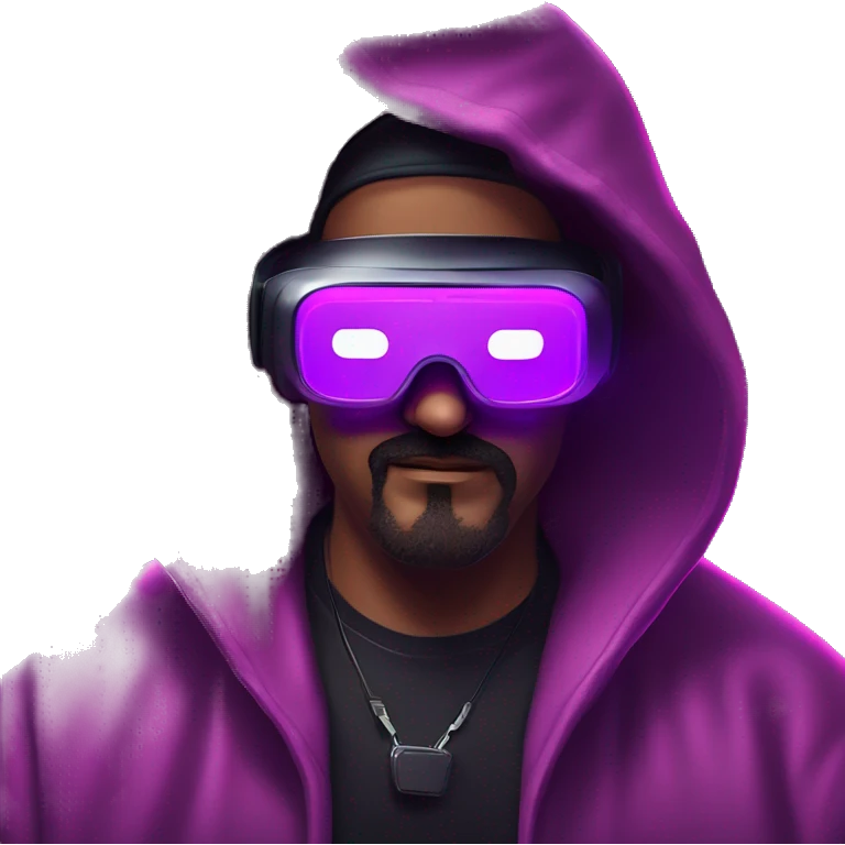 Big Lebowski wearing a black hoodie with "OMG" letters on it and VR headset oculus quest 2 in a cyberpunk VR environment with violet neon lighting. emoji
