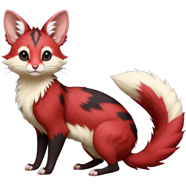 Crimson-Red, black-pointed, soft natural realistic romantic vintage antique divine beautiful elegant pretty precious cute young youthful  Fakémon-Pokémon-opossum-feline-mouse-serval-caracal-chinchilla-Minccino-Cinccino-Meowstic-rodent-hybrid-creature with a big fluffy bushy tail (full body) emoji