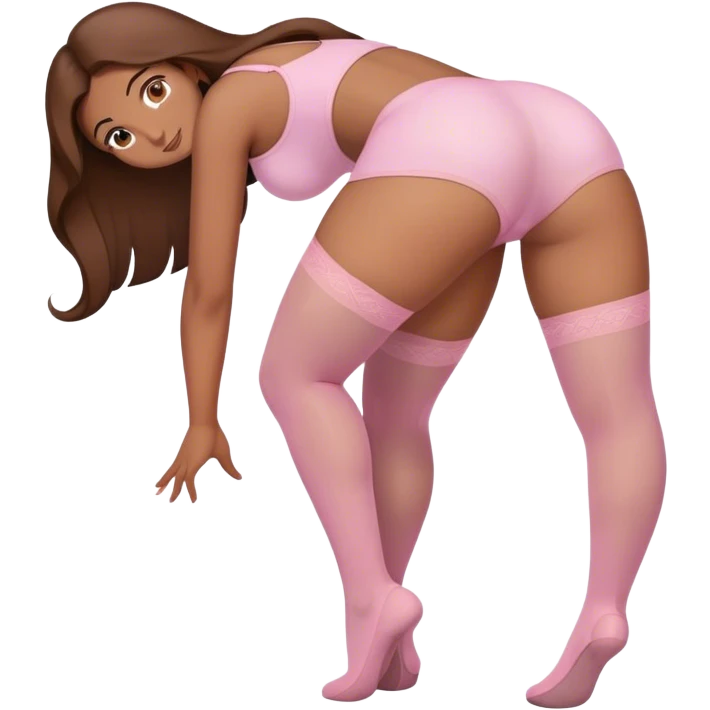 curvy brown long hair and brown eyes, intimate bending over arched back sfw light pink nylon stocking pose emoji