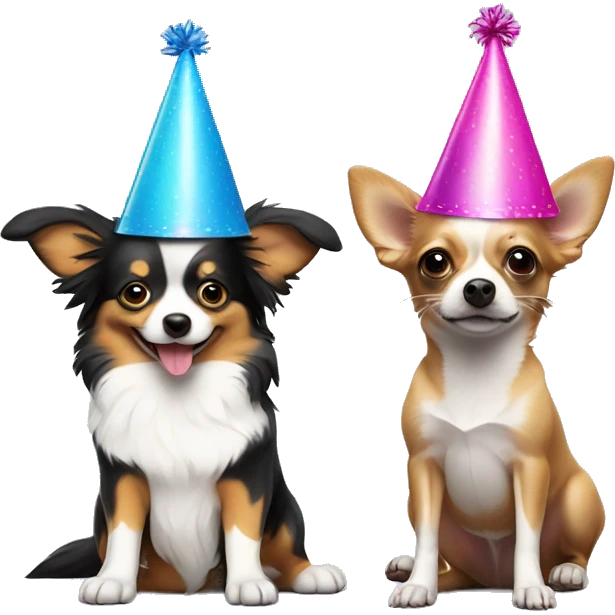 Mini Aussie with a party hat next to a chihuahua with a party hat emoji