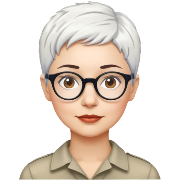 anthropologist woman, short cropped pixie white hair, brown brows, glasses emoji