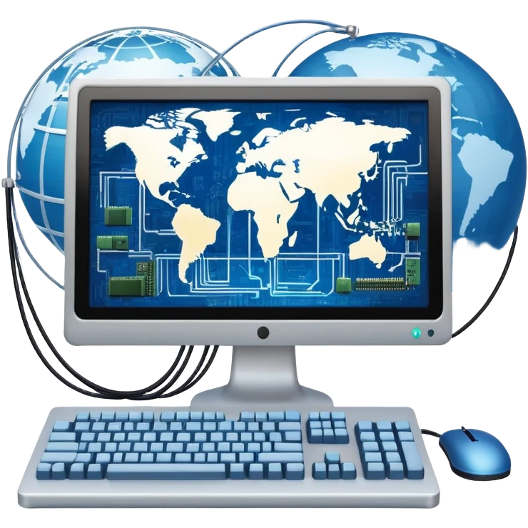 An icon featuring a computer monitor displaying code, a globe with network nodes, and a circuit board, symbolizing IT. The design includes data streams, cloud storage, and a keyboard, representing digital innovation, connectivity, and problem-solving. Transparent background emoji