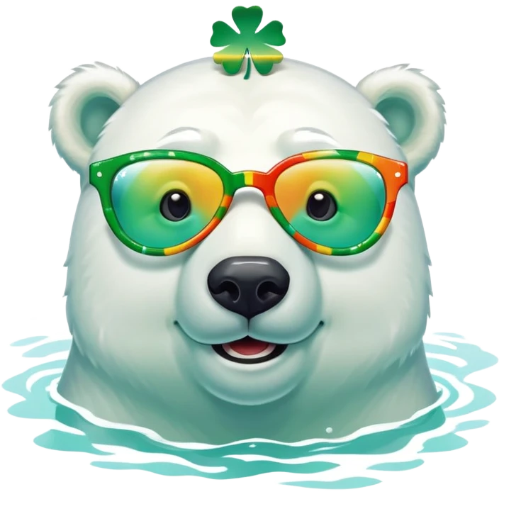 friendly anthropomorphised polar bear smiling, wearing large multicolored star-shaped glasses and festive St. Patrick's Day outfit, swimming in water emoji