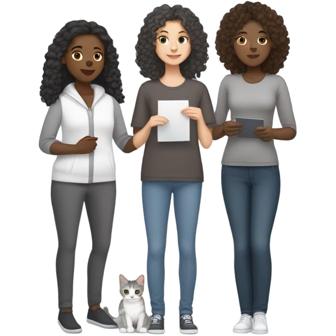 one white skinned woman with straight dark brown hair holding a grey tabby cat and one white skinned woman with curly long dark hair holding a dark grey cat emoji