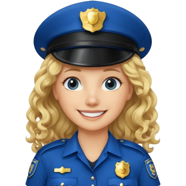 Female POLICE IN blue, long blonde curly hair, happy smile emoji