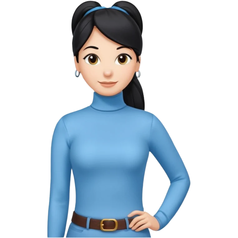 cewe ramah Kulit putih bersih, rambut hitam panjang sleek lurus, diikat half ponytail. Pakai atasan biru muda turtleneck. Pose tangan di pinggang, tatapan senyum percaya diri. emoji