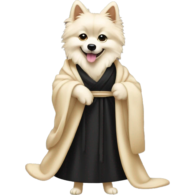 Cream Spitz stands on its hind legs in heels and in a black robe  emoji