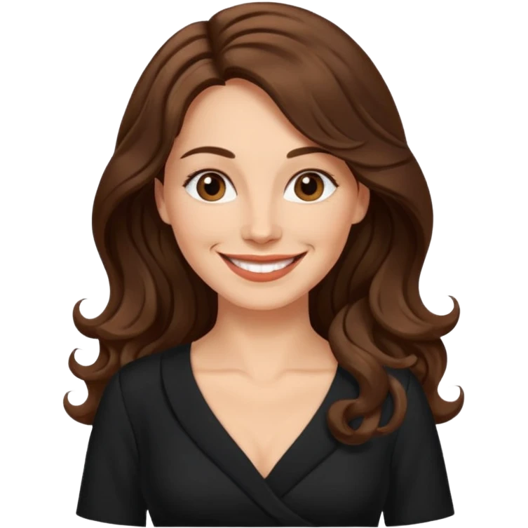40 yr croatian woman, long wavy brown hair, big smile, side part, black dress
 emoji