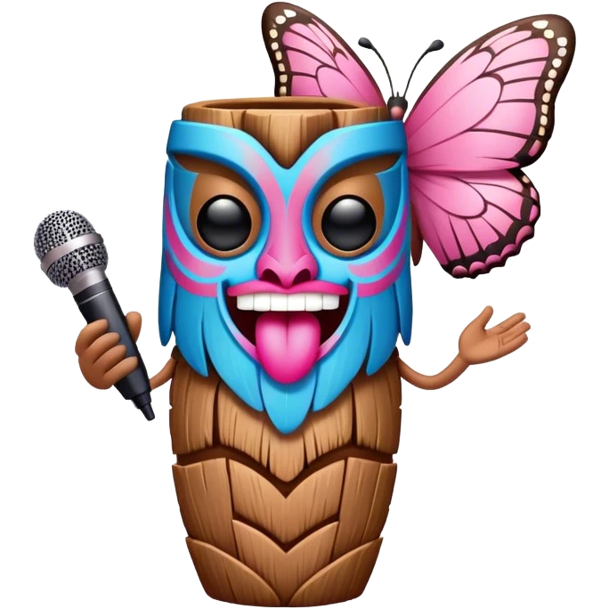 Cartoon Blue and pink tiki singing with butterfly and in the mike emoji