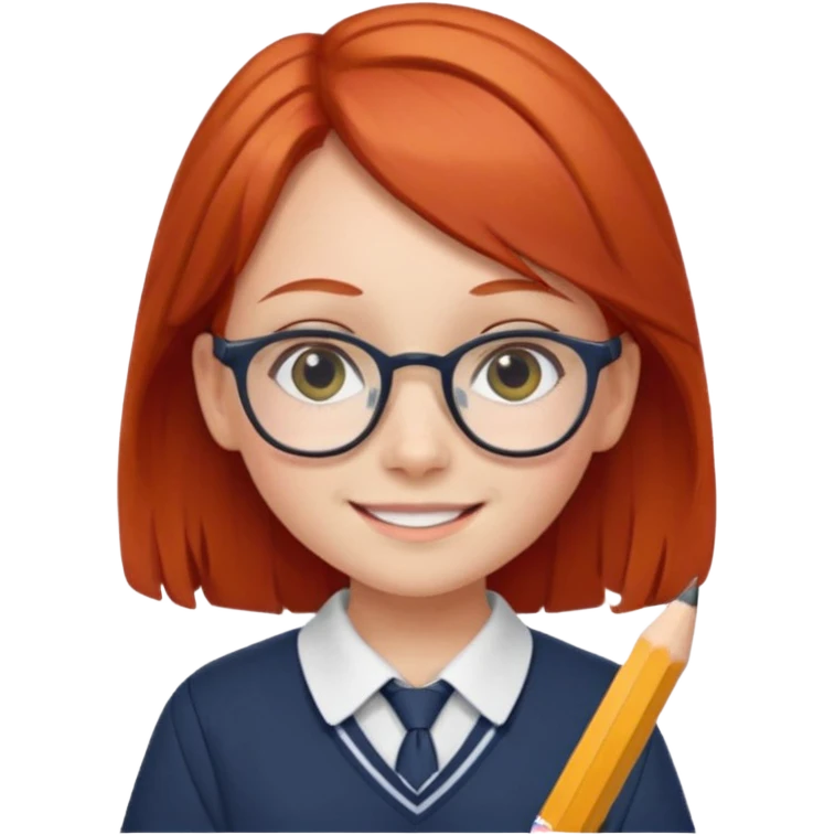 red long hair girl kid with glasses → holding a pencil with school uniform emoji
