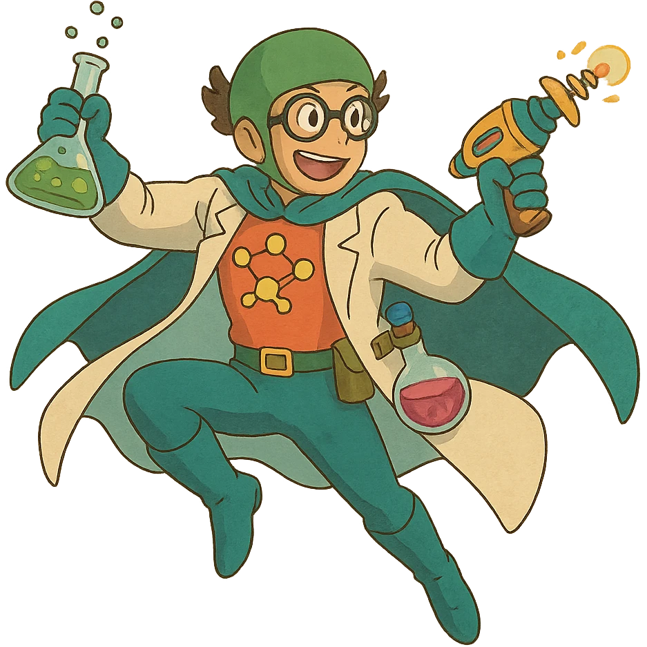 ghibli style chemistry superhero in dynamic pose with science gadgets and vibrant colors emoji
