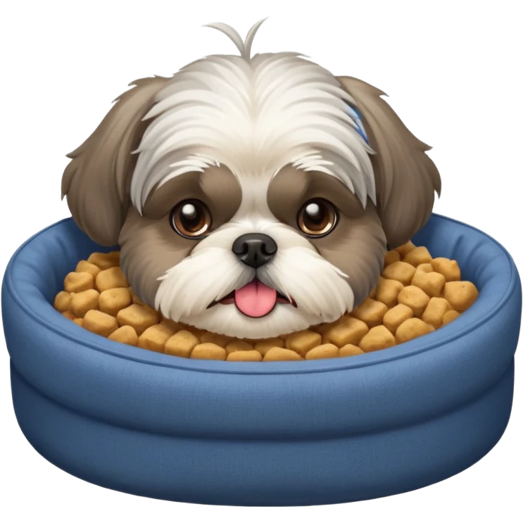 old grey shih tzu in dog bed with bowl of food tongue hanging out emoji
