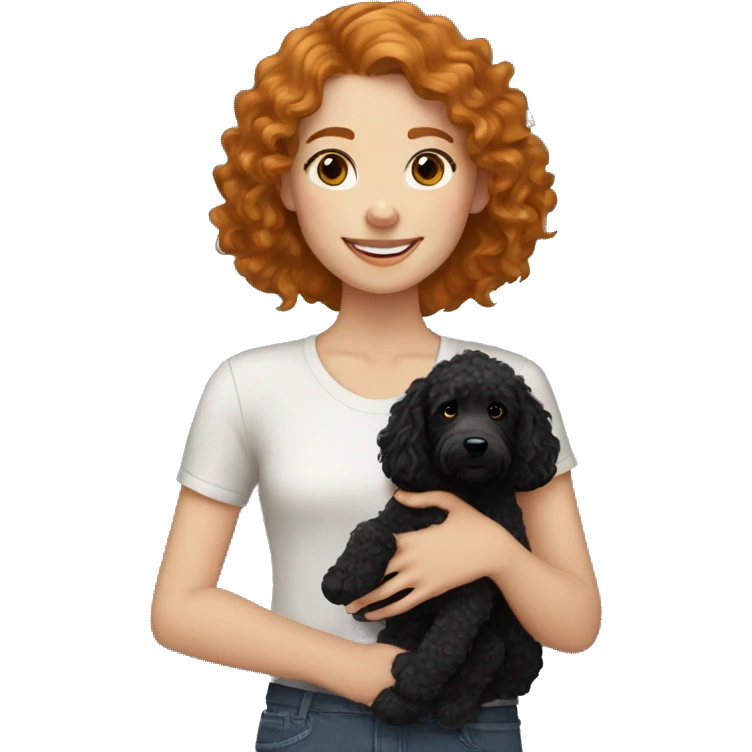 Caucasian girl with freckles and wavy ginger hair holding black goldendoodle emoji