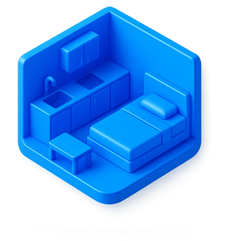 studio apartment icon, minimalist, modern, clean look, glossy 3D blue style, rounded square background, suitable for UI icon emoji