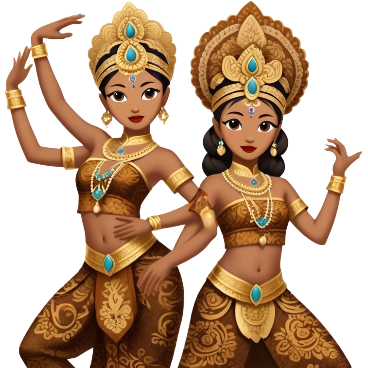​Cinematic Realistic Traditional Javanese Dancers, depicted as two graceful dancers in ornate traditional costumes with intricate batik patterns and elaborate headpieces, captured in dynamic poses during a ritual dance in an ancient temple courtyard, rendered with soft golden lighting and rich cultural textures, emoji