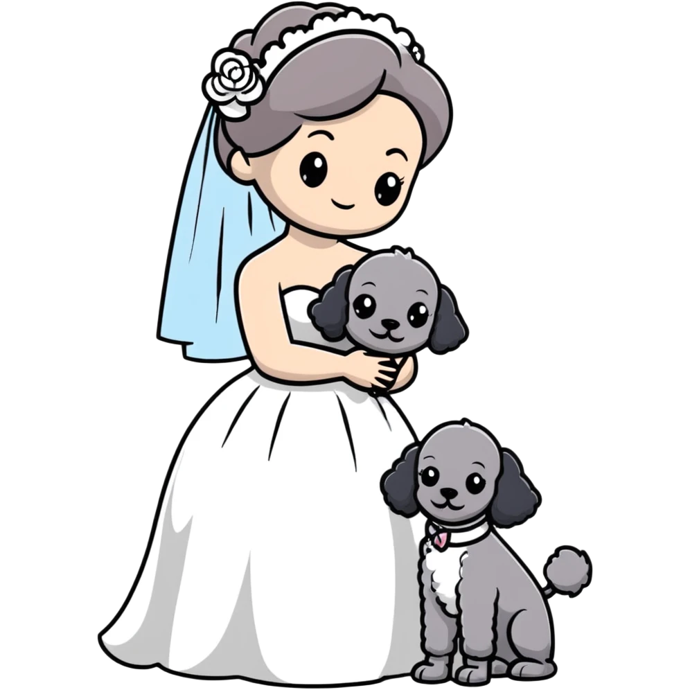 beautiful girl in a wedding dress hugging a small gray poodle emoji