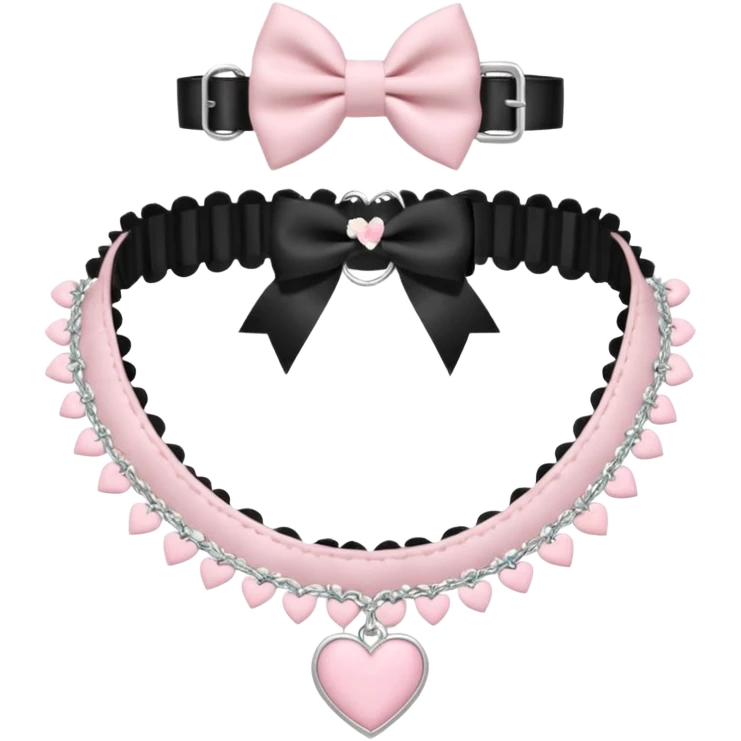 Pastel-baby-rose-pink Lolita-styled aesthetic cute kawaii choker-collar-necklace adorned with with white frills, roses, hearts, bow tie, silver chains,  emoji
