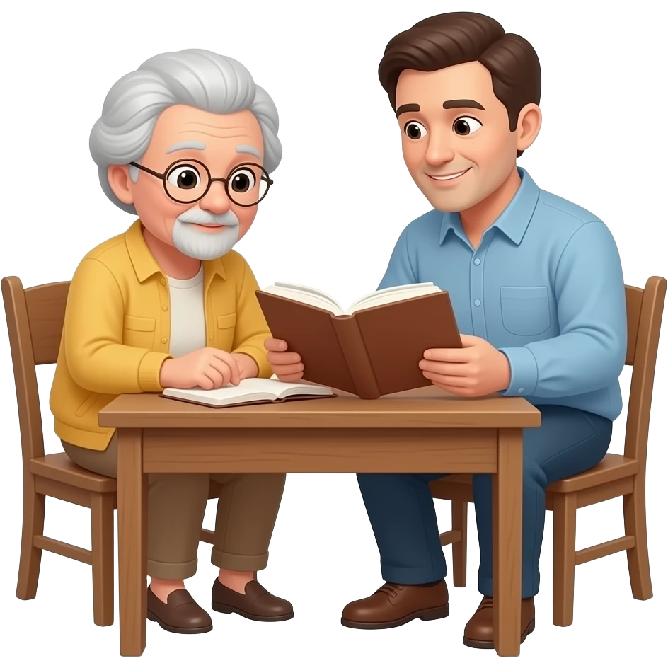 one older adult teaching another adult to read sitting at a desk with a book emoji