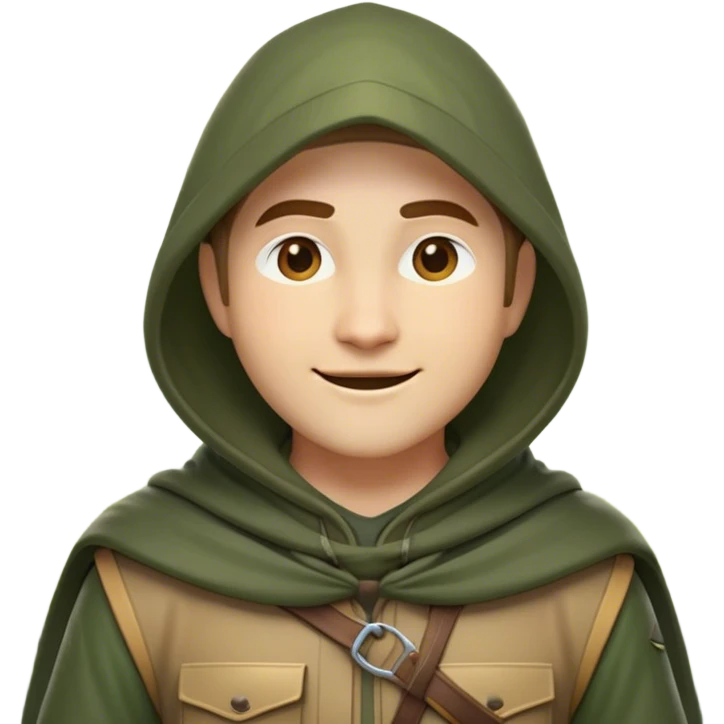 Clash of Clans aesthetic Cheerful Ranger Portrait Emoji, With a bright, confident expression and an alert, relaxed stance, showcasing a streamlined, rugged build in natural tones with a hood and cloak blending with the forest, his face in natural skin tone, Simplified yet expressive features, highly detailed, glowing with a soft, luminous woodland radiance, high shine, upbeat and brave, stylized with an air of classic forest heroism, soft glowing outline, capturing the essence of a cheerful ranger ready to embark on epic woodland quests! emoji