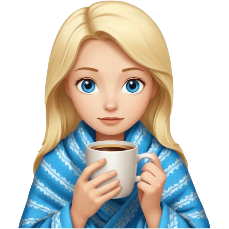 Blonde with blue eyes wrapped up in a cozy blanket with a hot coffee emoji