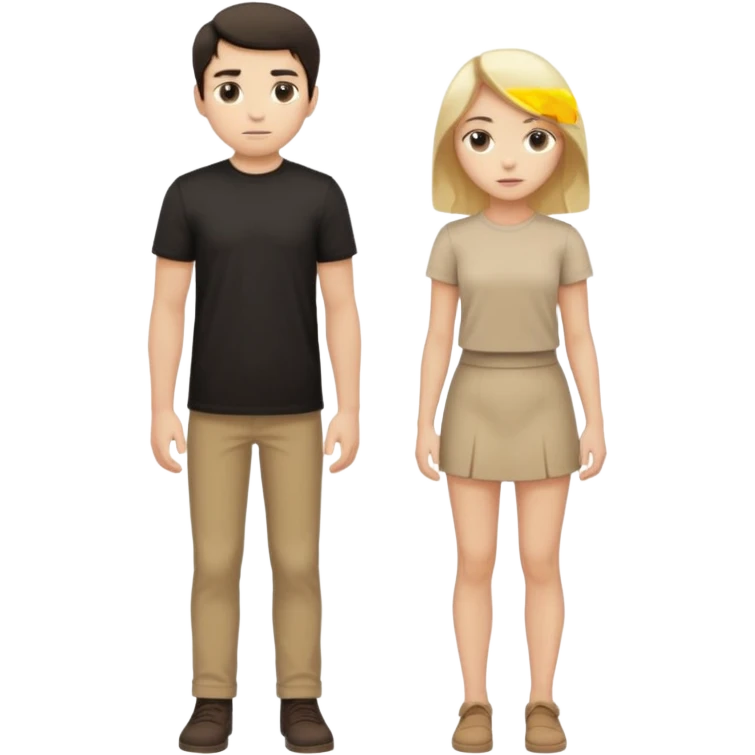 full-body portrait of a young man with short dark hair in a black shirt and a young woman with long blonde hair in a beige shirt, standing together emoji
