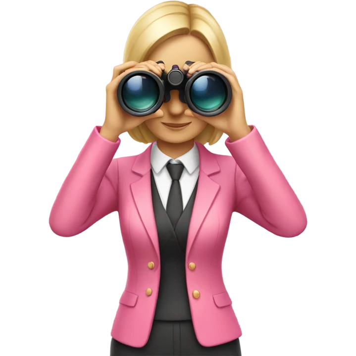 white female employee in pink suit using binoculars emoji