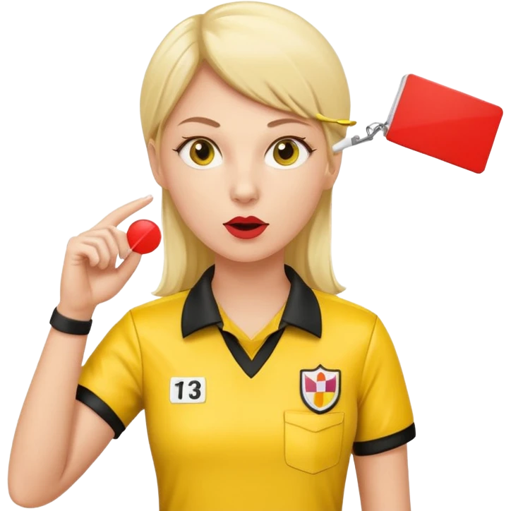 Female Referee – Confident Pose
 Wearing yellow referee shirt, blowing whistle while showing red card. emoji