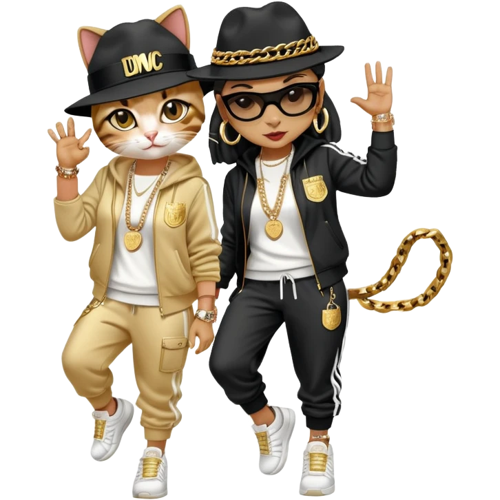 female cat wearing Run DMC hip-hop outfit with tracksuit, fedora, Adidas sneakers, many gold chains, rings, bracelets, flashy earrings, dancing with a friend, no sunglasses emoji