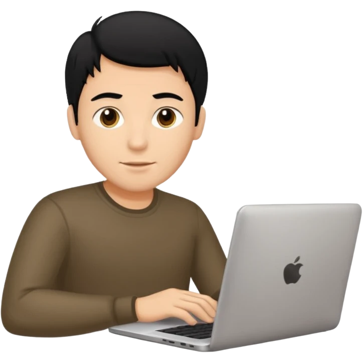 a fair man with black hair working on laptop , front view emoji