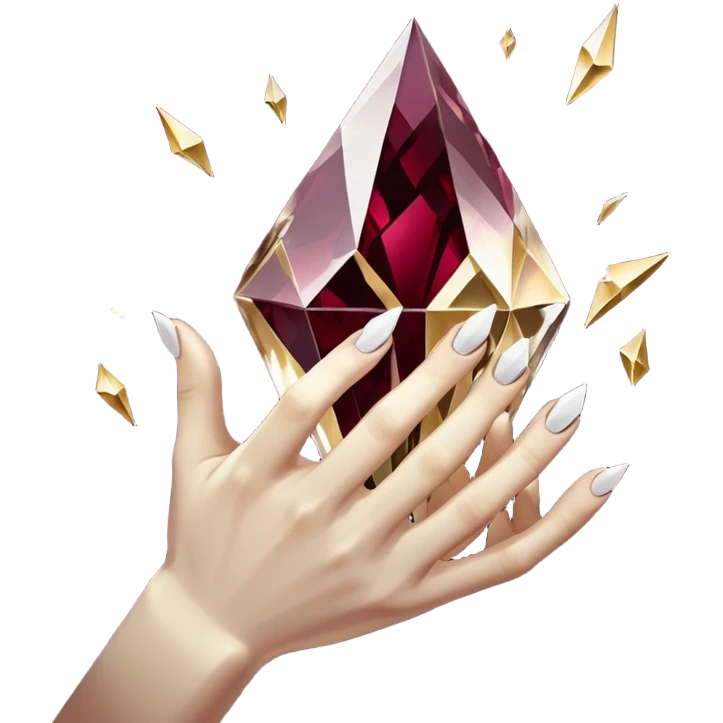 White pov hand outline gripping a shattered diamond prism, light shards projecting luxury items, deep burgundy (#4A0E27) and onyx (#000000) background with metallic gold (#FFD700) fractures, dramatic chiaroscuro lighting, edgy opulence.  Perfect hand and fingers. emoji