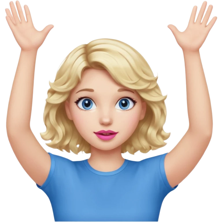 Girl Blonde short wavy hair,  blue eyes, cute blue top, long lashes, pink lips, both hand up in the air  emoji