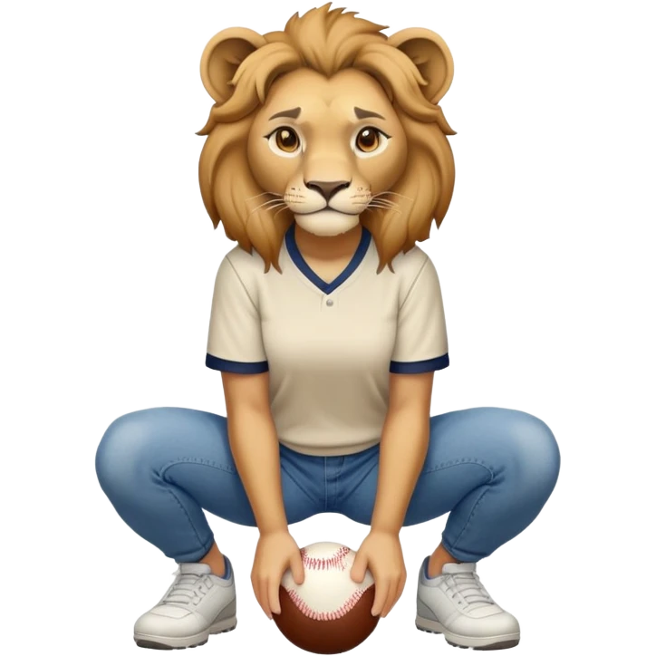 confident anthropomorphised female lion wearing a baseball shirt, jeans, trainers, squatting, empty hands emoji
