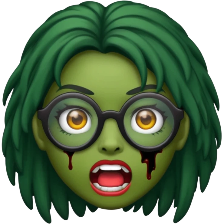 crie um emoji de zumbi feminino, com pele verde, óculos preto e cabelos pretos longos emoji