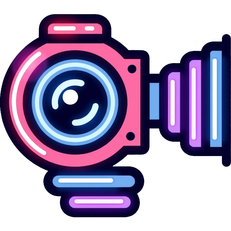 videographer's camera in pink and light blue colors, with neon glow lines, blue neon light on top left, purple neon light on bottom right emoji