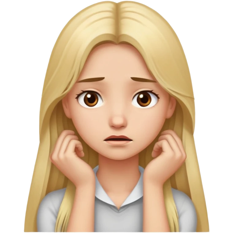 long blonde haired girl with brown eyes upset face with her arms holding her neck emoji