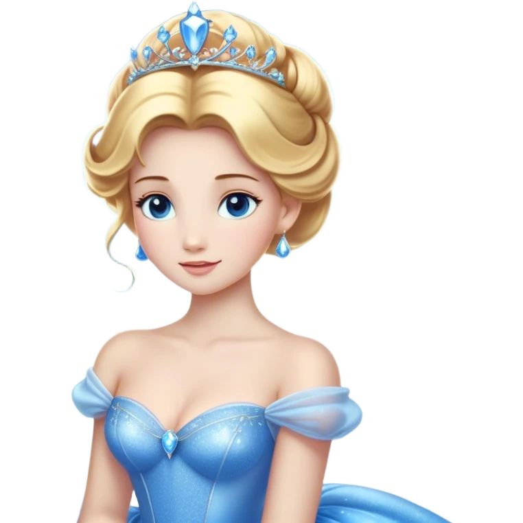 Cinematic Stunning Cinderella Portrait Emoji, Radiant in her sparkling blue ball gown, golden hair in a perfect updo, soft blue eyes full of wonder, glistening tiara, glowing with an ethereal beauty, regal yet kind, a dreamlike aura surrounds her, capturing the essence of a fairy tale princess, elegant and breathtaking! emoji