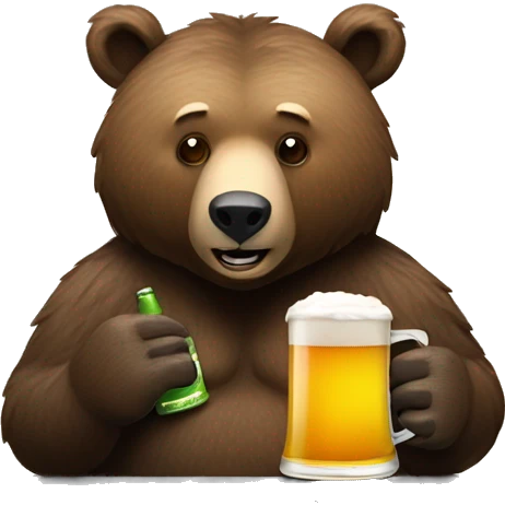 grizzly bear working on a mac laptop with a beer emoji