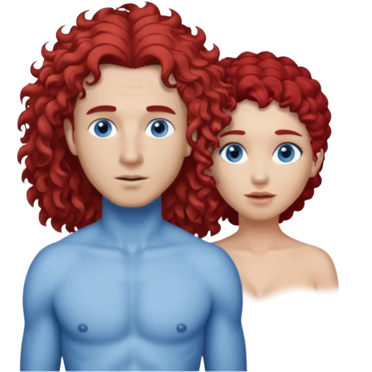 Homme nu cheveux blanc courts, yeux bleu mal rasé + femme nu gros seins rousse cheveux longs bouclés yeux bleu emoji