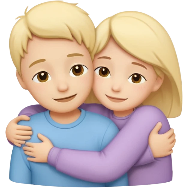 two simplified human characters hugging each other warmly, showing emotional support and friendship, gentle smiles, calm and safe mood, flat custom emoji sticker, soft pastel colors, rounded shapes, minimal details, mental health theme, thick outline, white background, no text emoji