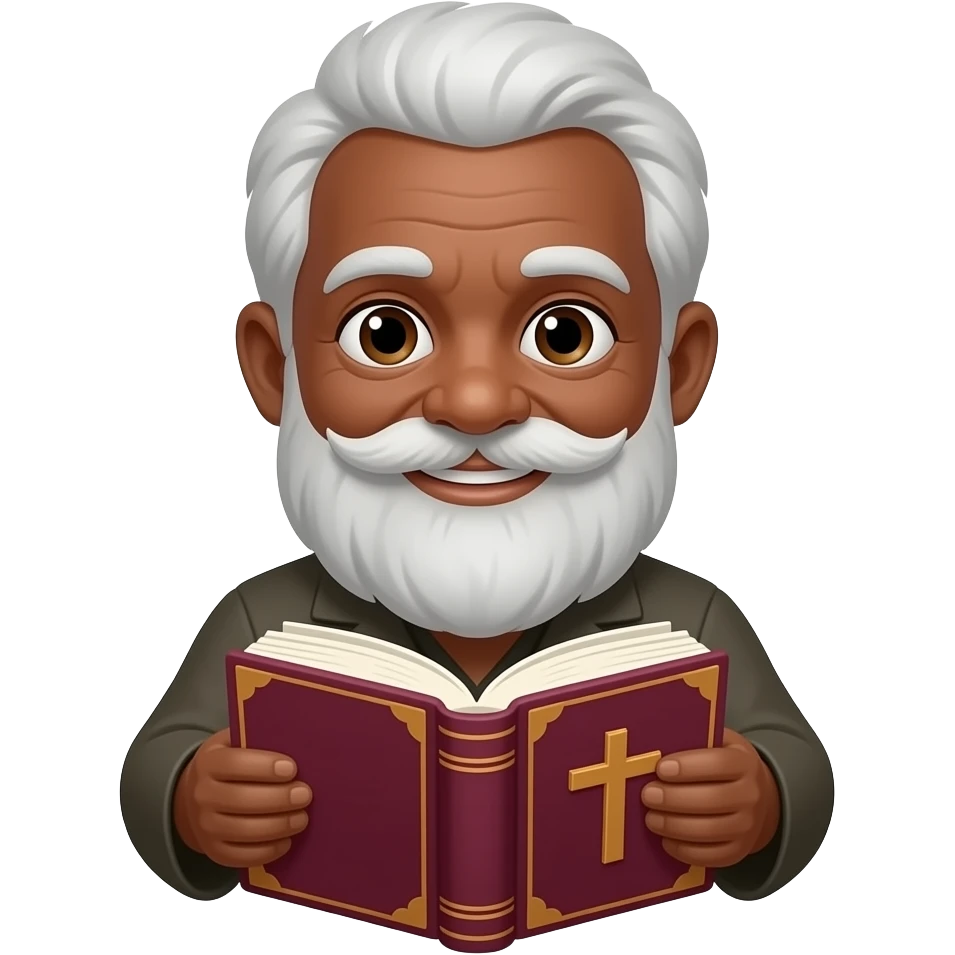 wise old man with greying white hair slight smile brown eyes white beard black skin with burgundy book that has a cross on it no circle emoji