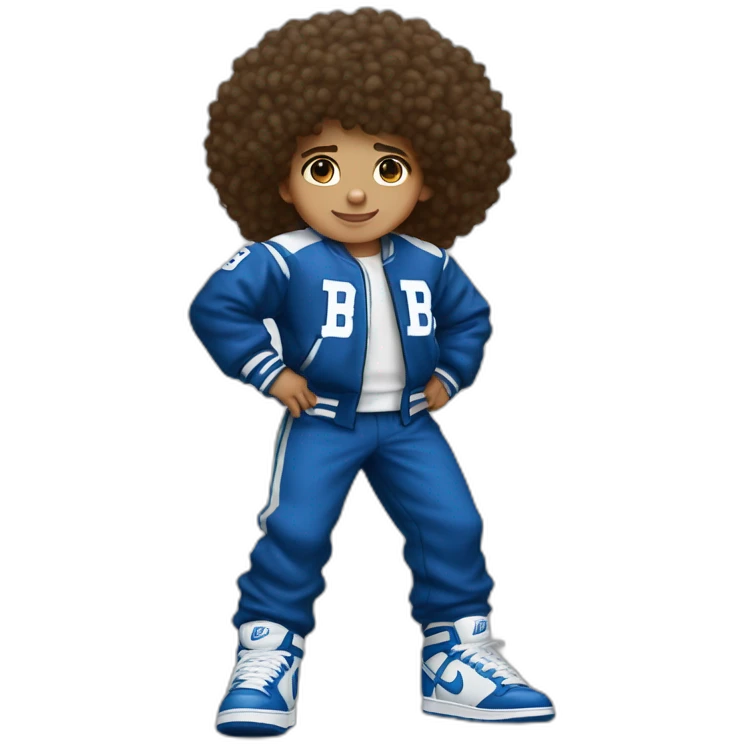 Lightskin boy with curly hair. Wearing a blue and white varsity with a fluffy letter B. and nike dunks and matching pants to jacket emoji