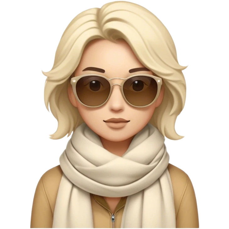 A stylish character with oversized sunglasses and a cozy, wrapped scarf, standing confidently with a cool expression. The scarf has soft folds, and the character’s hair is slightly tousled, giving a fashionable and effortless vibe. Flat, modern illustration, digital art, clean lines, minimal shading, white background, iOS emoji aesthetic. emoji