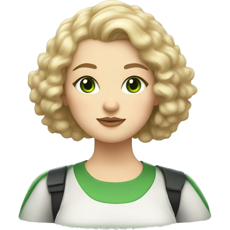 Blonde, chubby, pale woman with green eyes and curly hair and Star Wars shirt and a tabby cat emoji