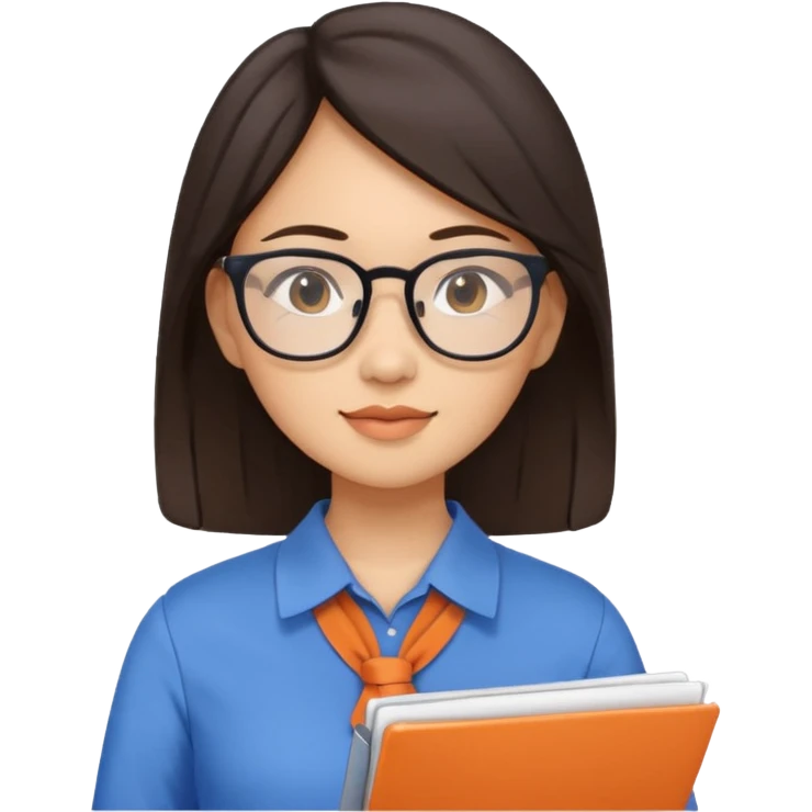 An asian brunette woman teacher with papers and laptop wearing glasses in blue and orange shirt emoji