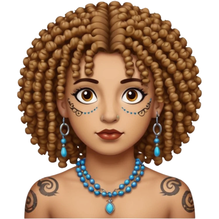 curly haired and heavy face tattoed person with a unique face and style, beads in hair emoji