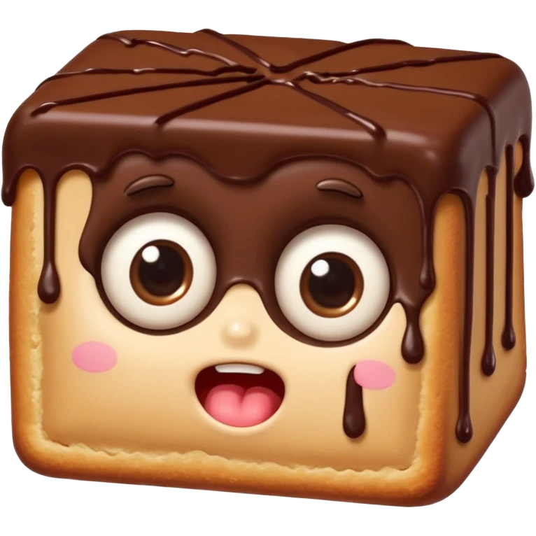 Funny cartoon rectangular chocolate mini pastry, slightly messy and squished, chocolate dripping, big round eyes, wide open mouth, playful surprised expression, text above: "ПАСТИЧКА", chibi style, Twitch emoji style, transparent background, colorful
``


 emoji